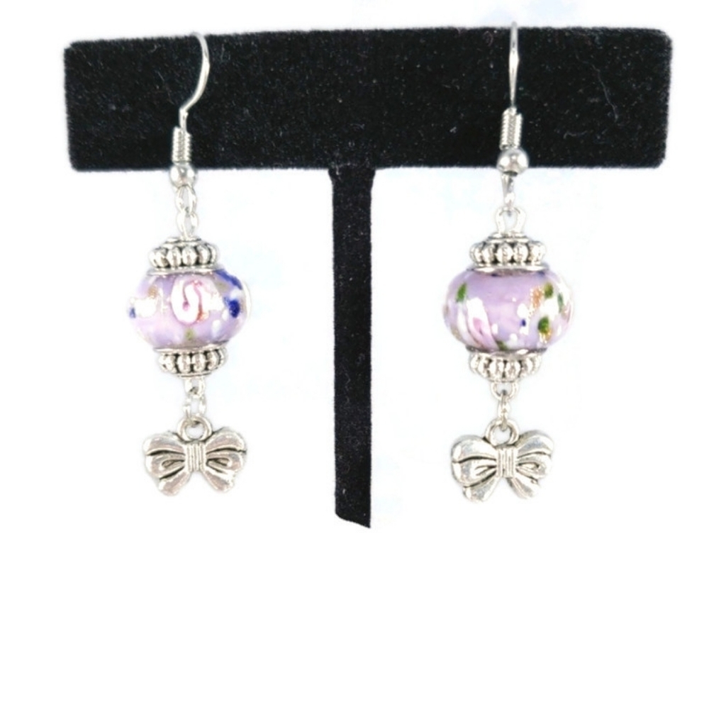Bow Charm & Intricate Glass Bead Earrings